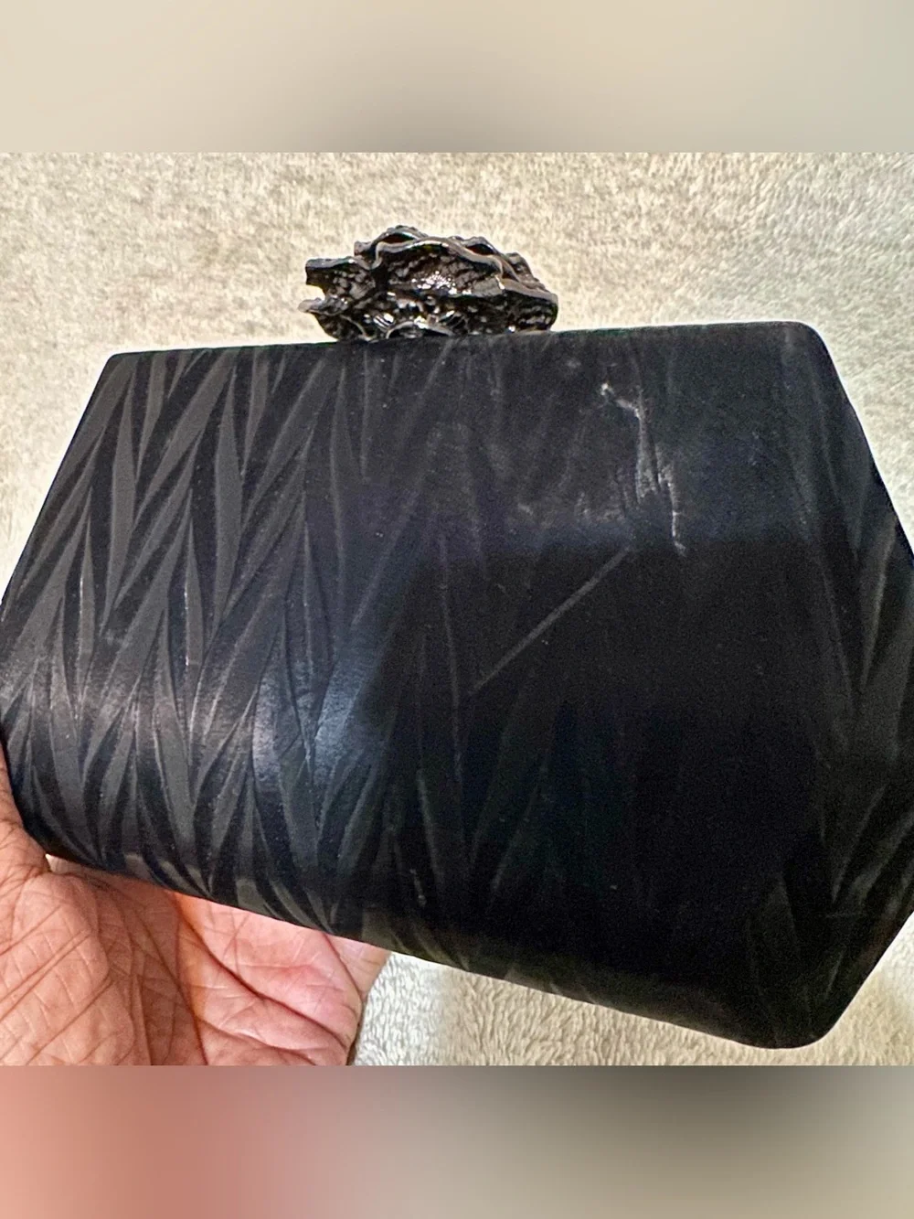 BC Bags Black Satin Rhinestone Rose Flower Clasp Hard Case